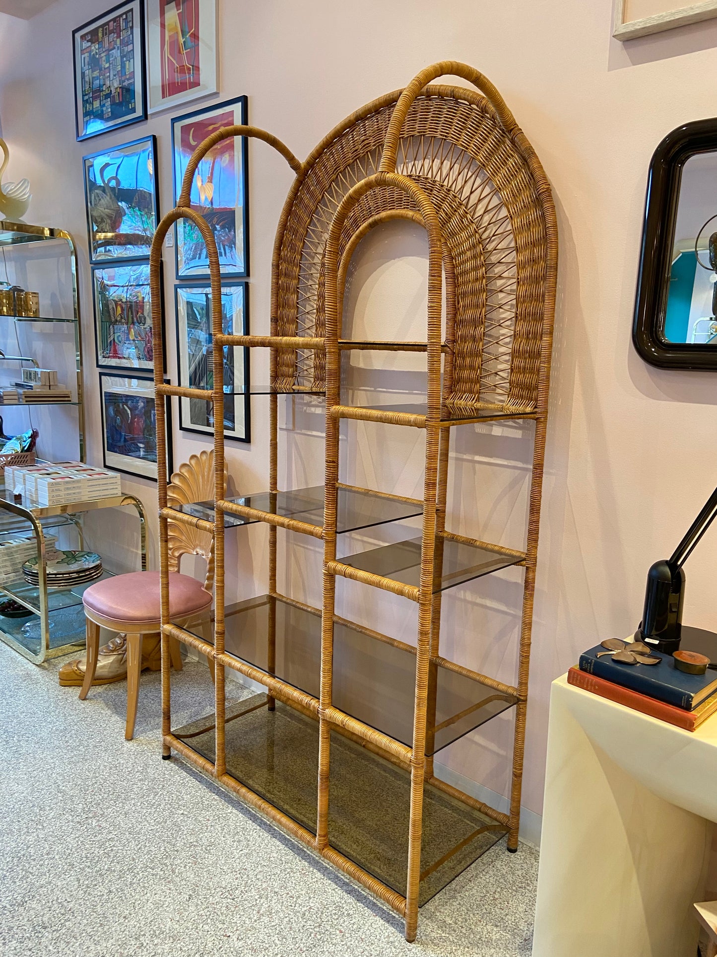Vintage Wicker Rattan Etagere with Smoked Glass