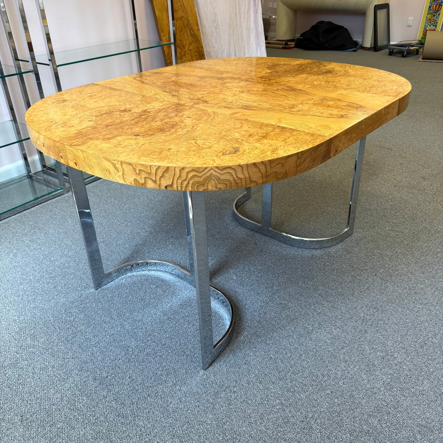 Vintage Milo Baughman Style Extendable Oval Burl and Chrome Dining Table