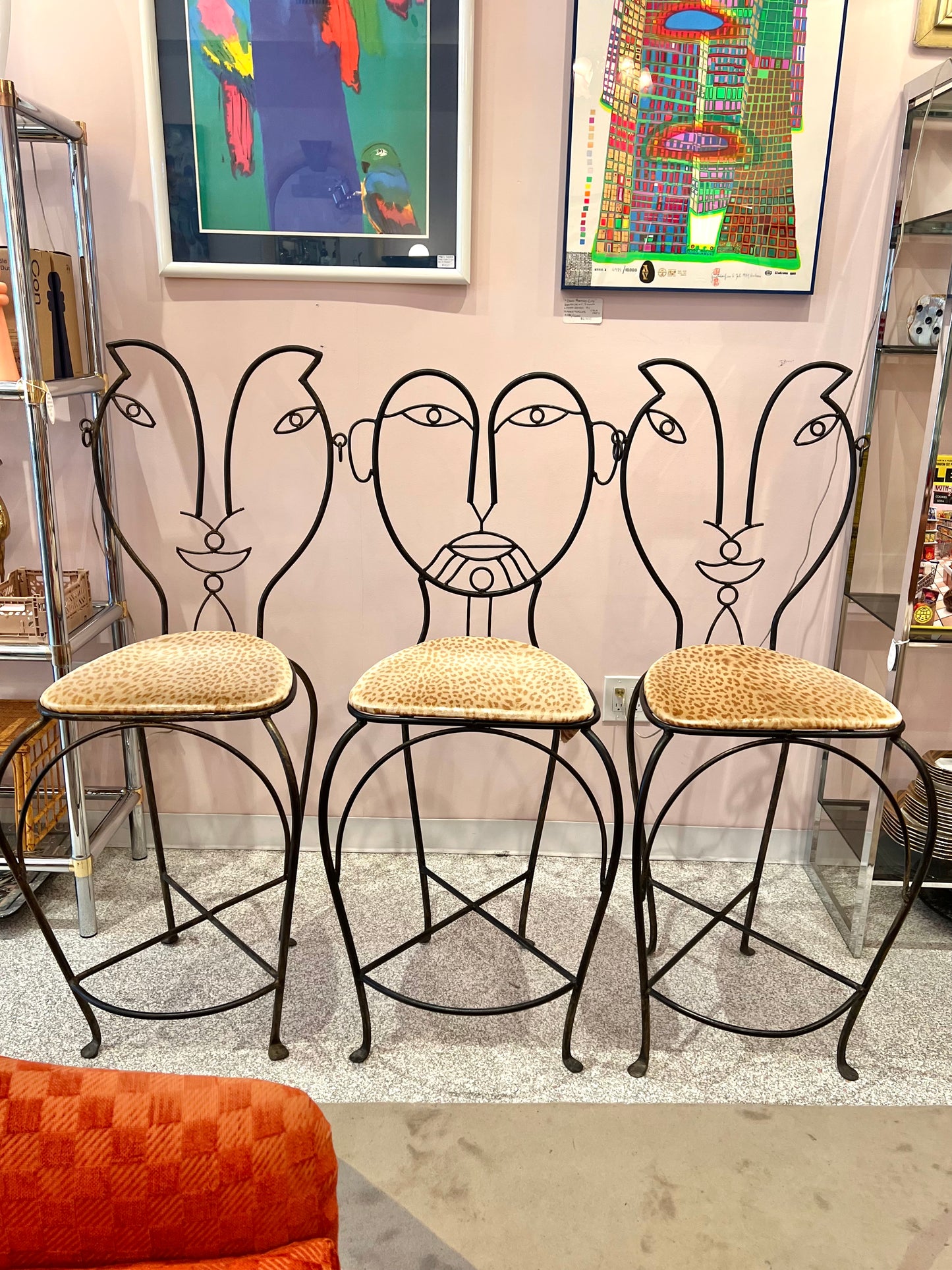 Vintage Set of 3 John Risley Style Figurative Face Bar Chairs