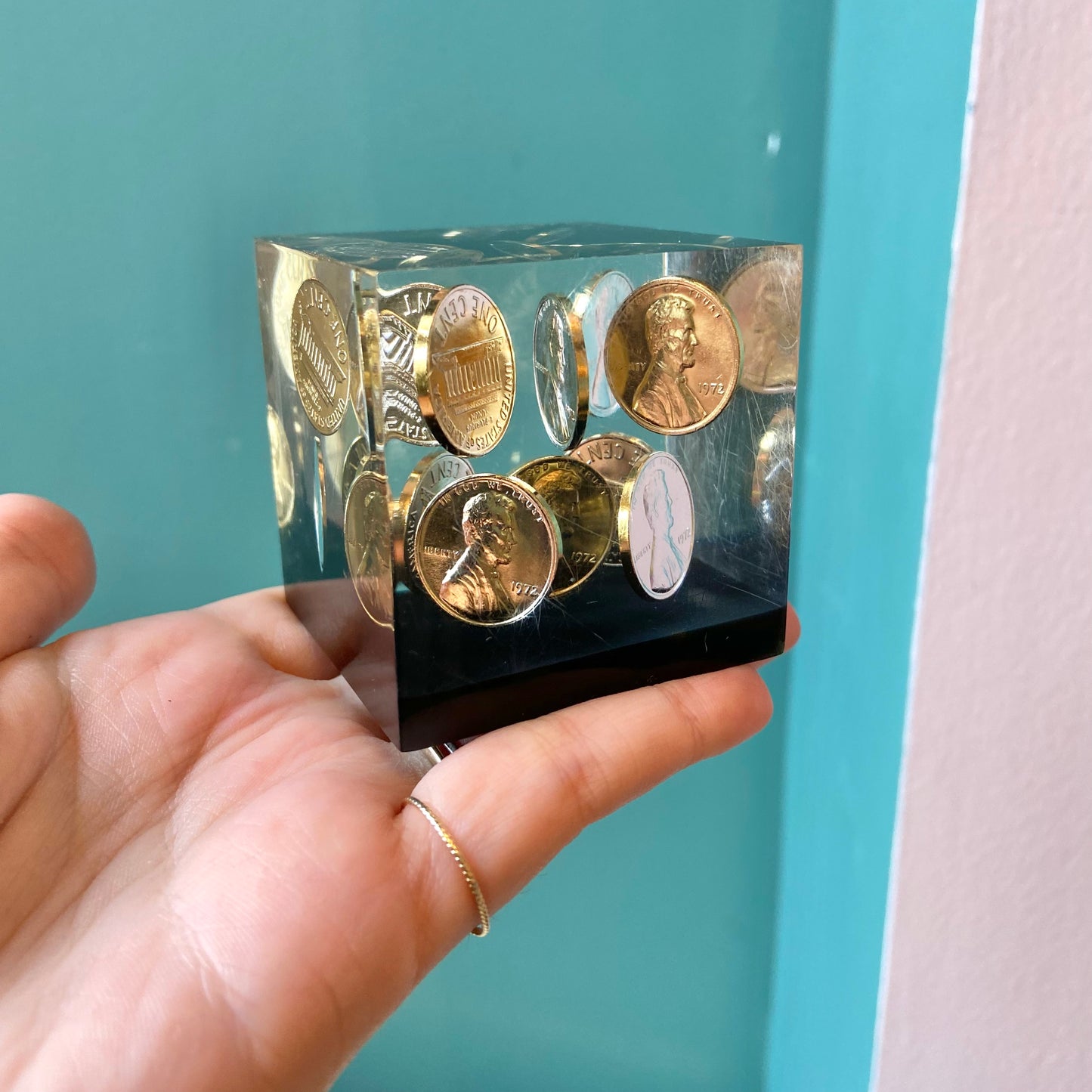 Vintage Lucite 1972 Penny Paperweight