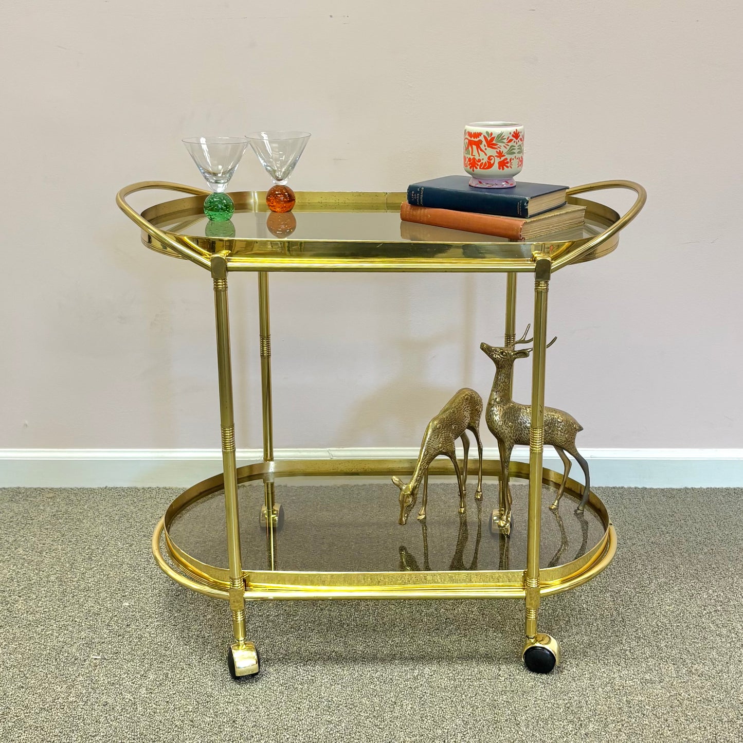 Vintage Oval Brass and Smoked Glass Rolling Bar Cart