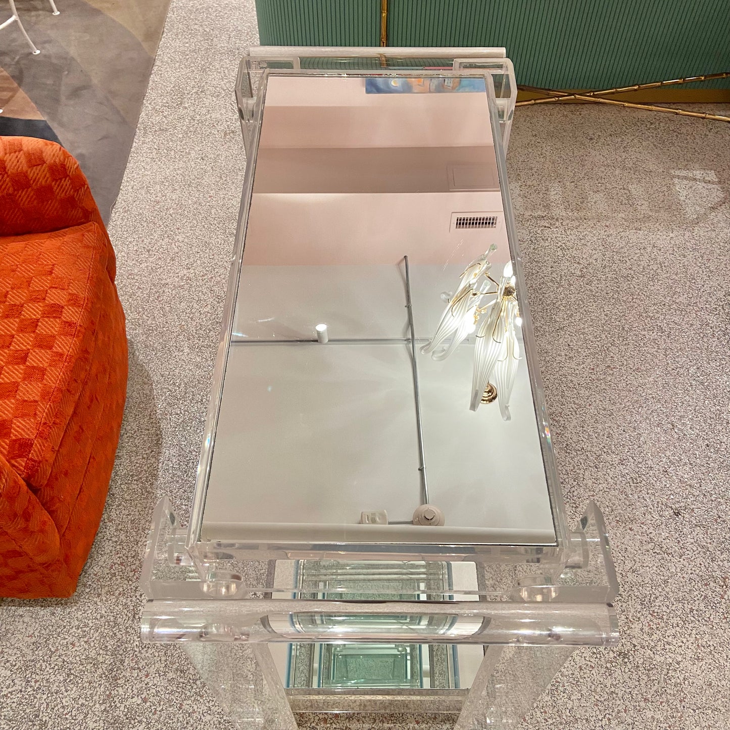 Charles Hollis Jones Style 1980’s Lucite and Mirror 2 Tier Rolling Bar Cart