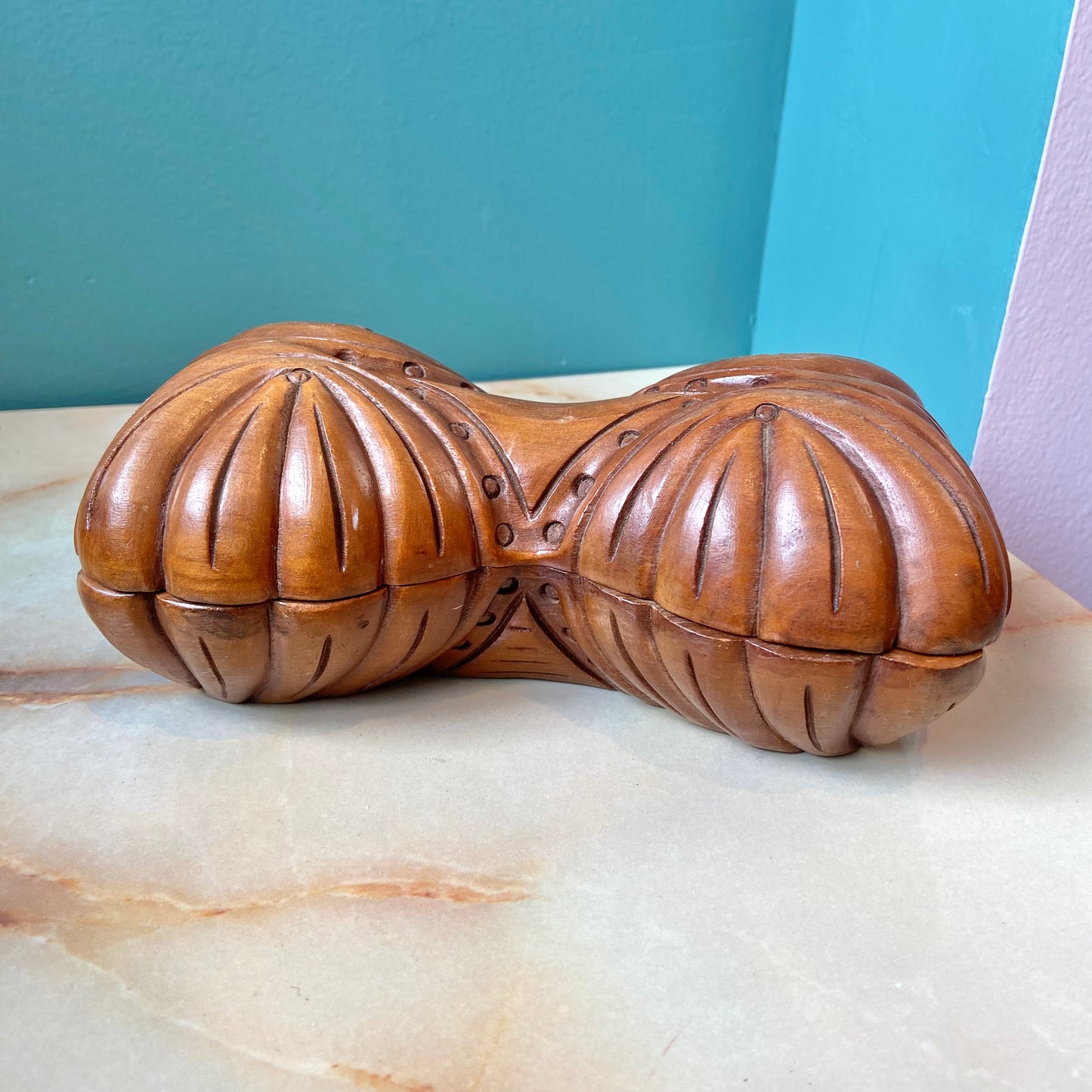 Vintage Hand Carved Wooden Swivel Top Box