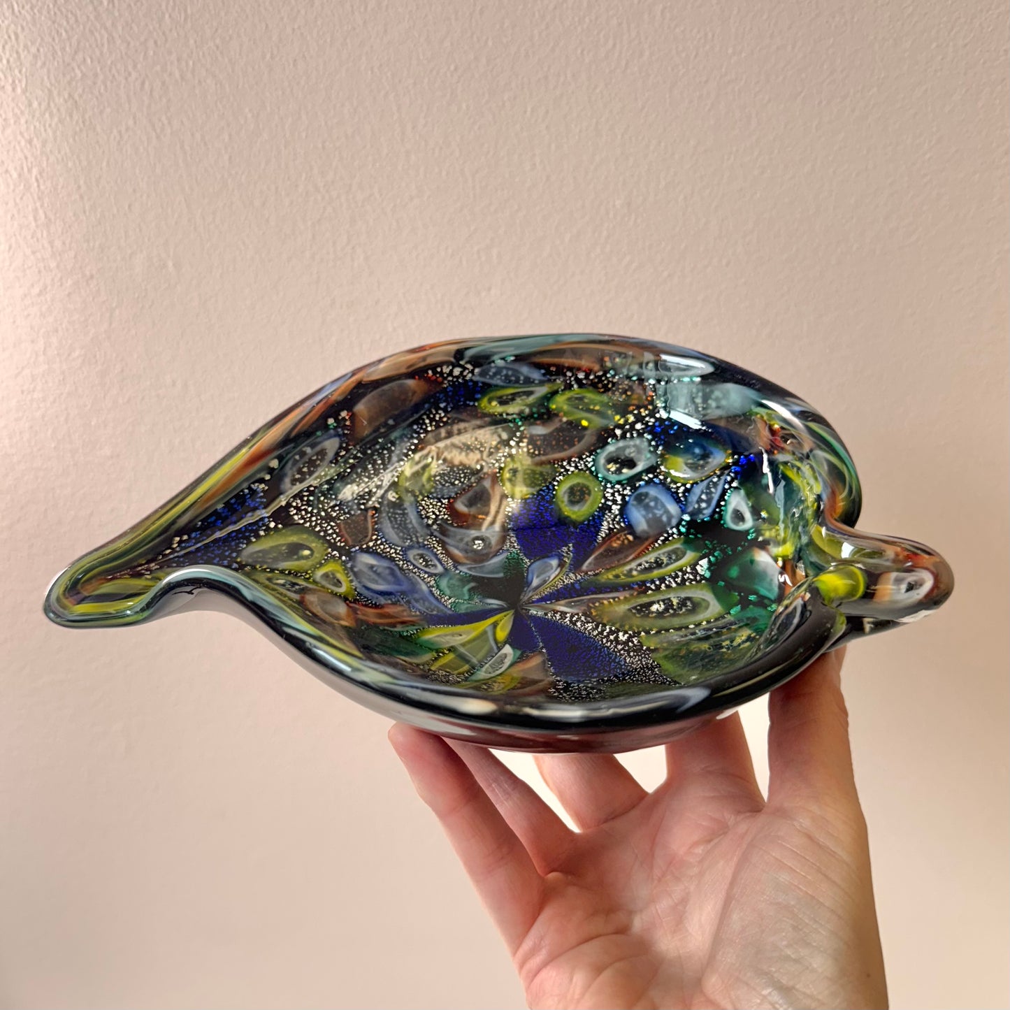 Vintage Black and Silver Leaf Millefiori Murano Glass Bowl