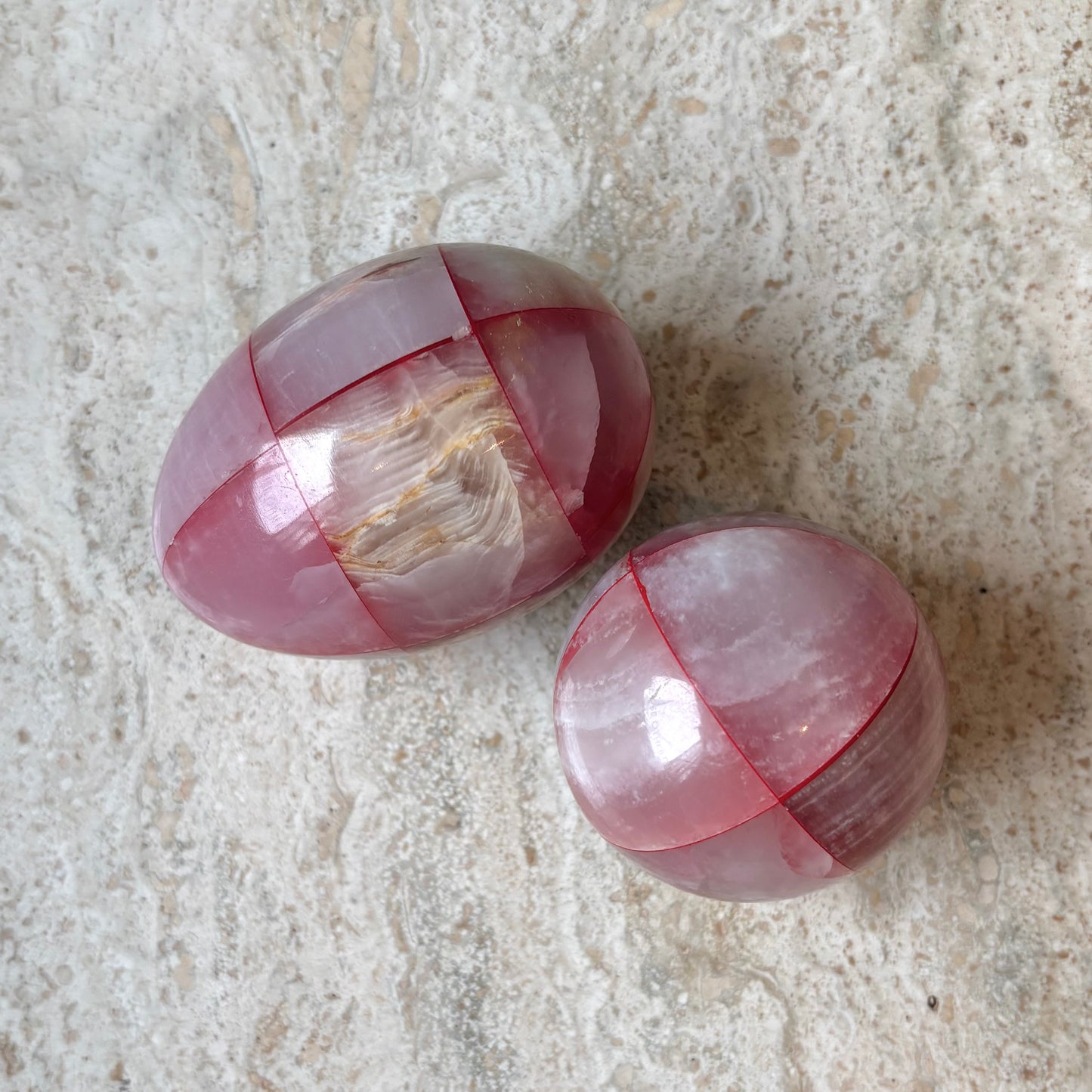 Vintage Set of Rose Quartz Egg and Ball Paperweights