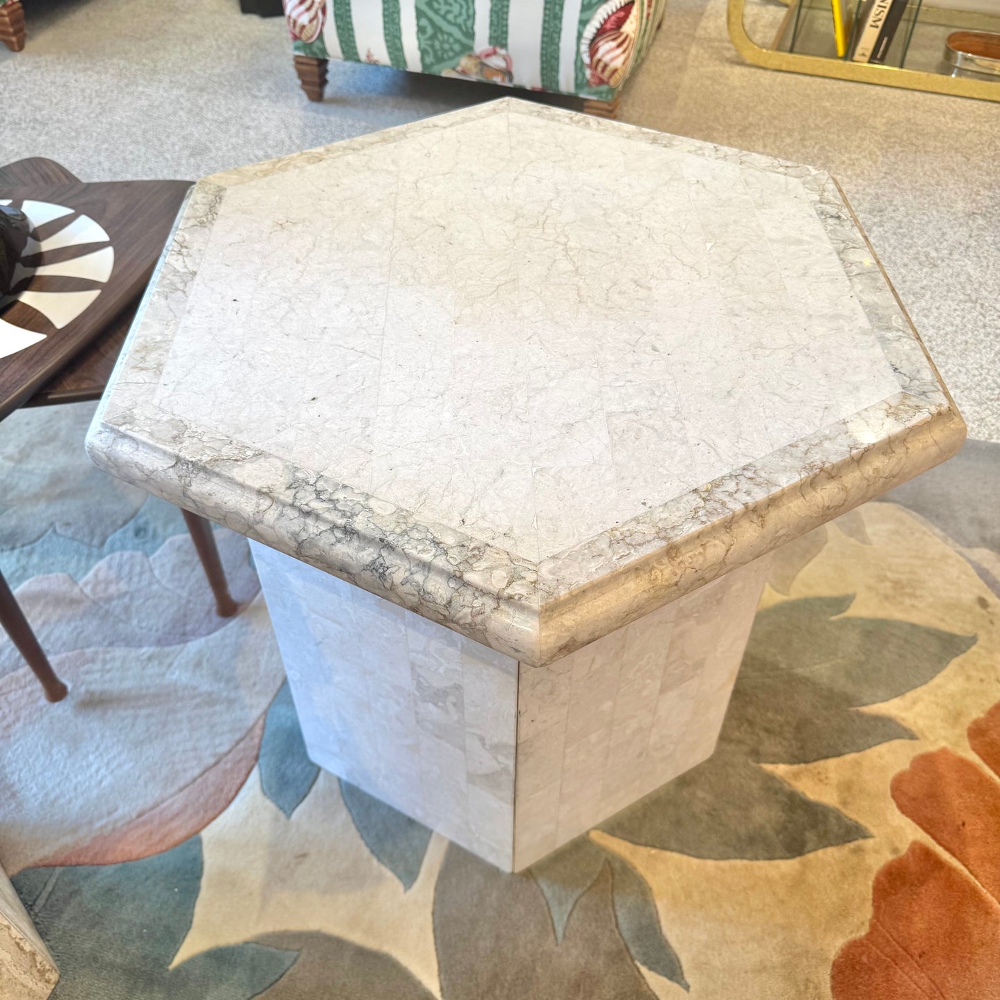 Vintage Hexagonal Tessellated White Marble Side Table