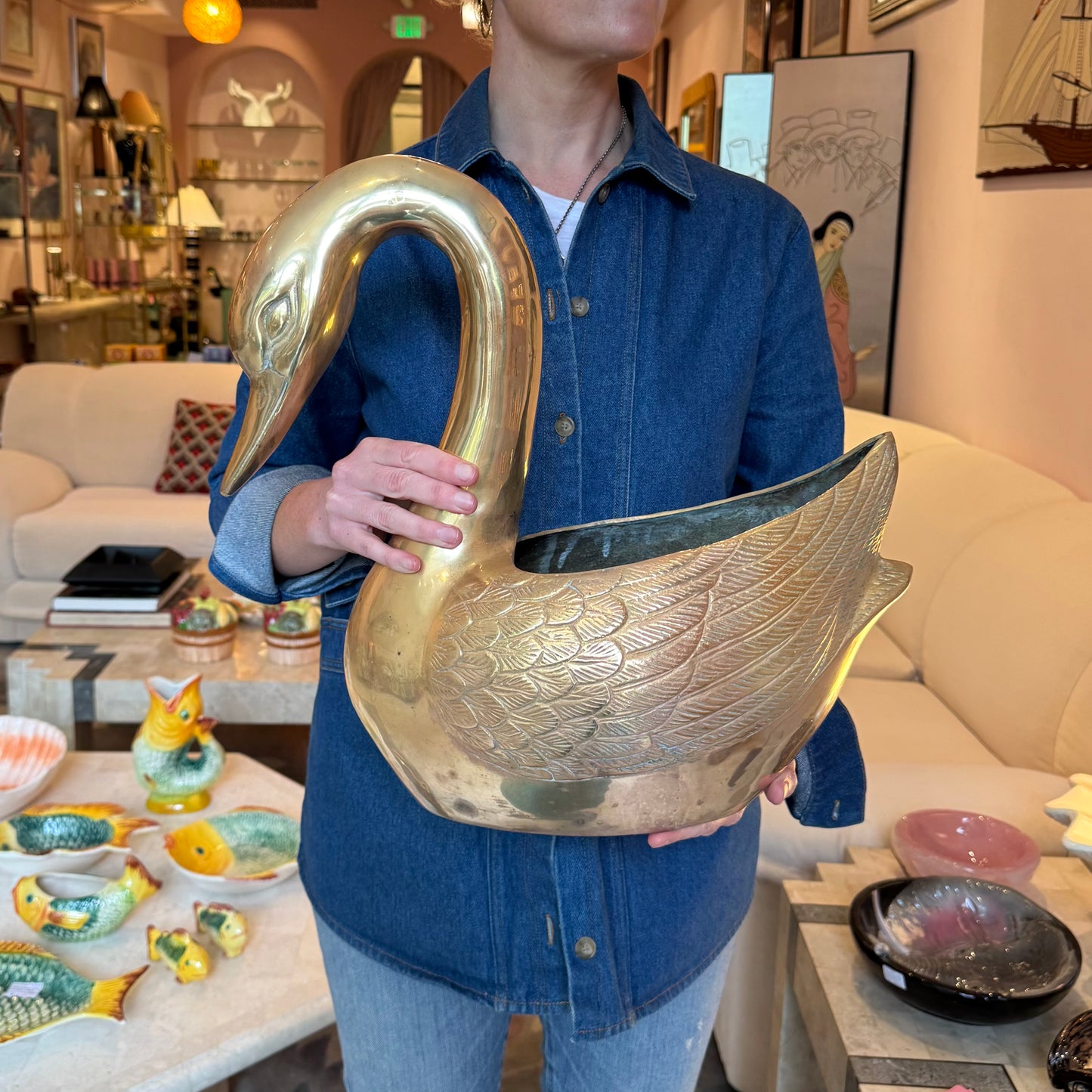 Vintage Large Brass Swan Planter