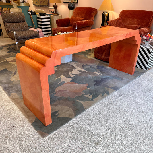 Vintage Postmodern Faux Goatskin Orange Lacquer Console Table