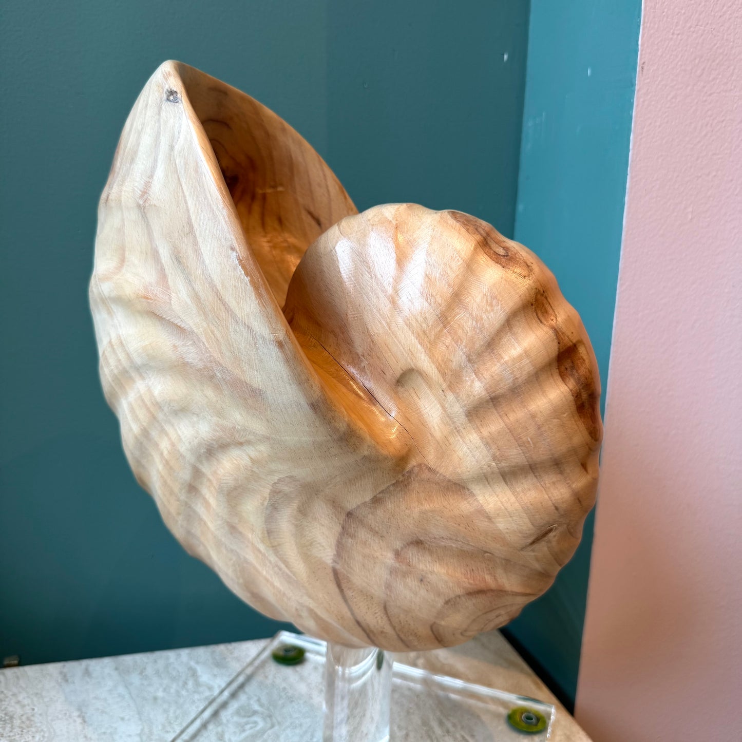 Vintage Carved Wooden Nautilus Shell on Lucite Stand