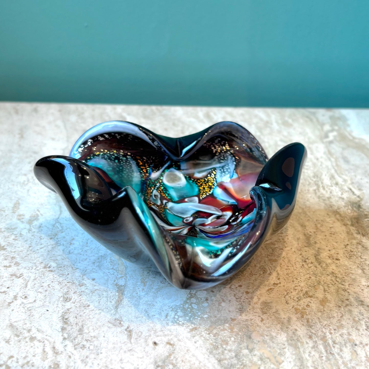 Vintage Black and Silver Leaf Millefiori Murano Glass Bowl