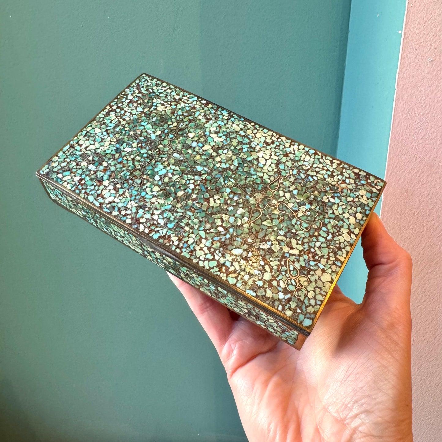Antique Brass Box with Mosaic Turquoise Stone Design