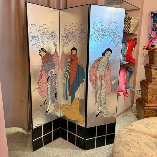 Vintage Art Deco Silver Leaf Tri-Fold Screen Room Divider