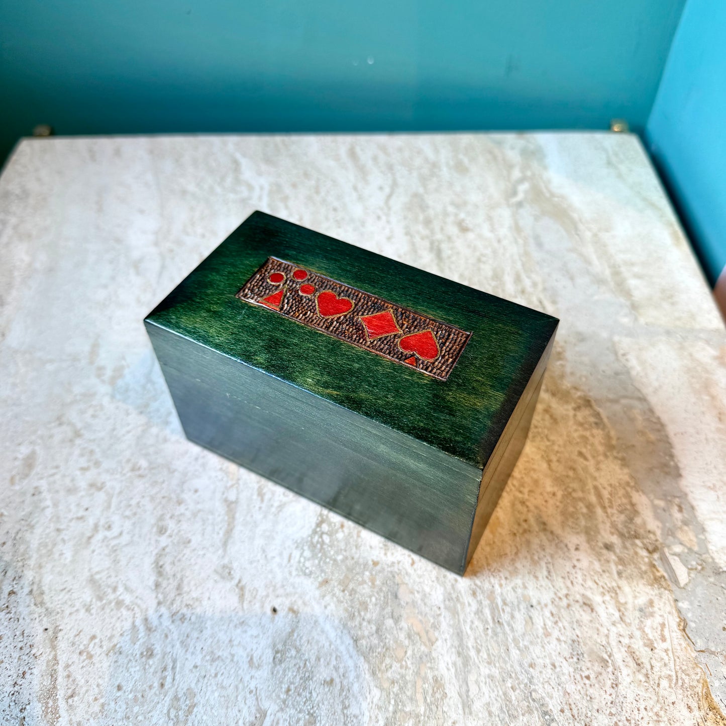 Vintage Green Wooden Playing Cards Box with Cards