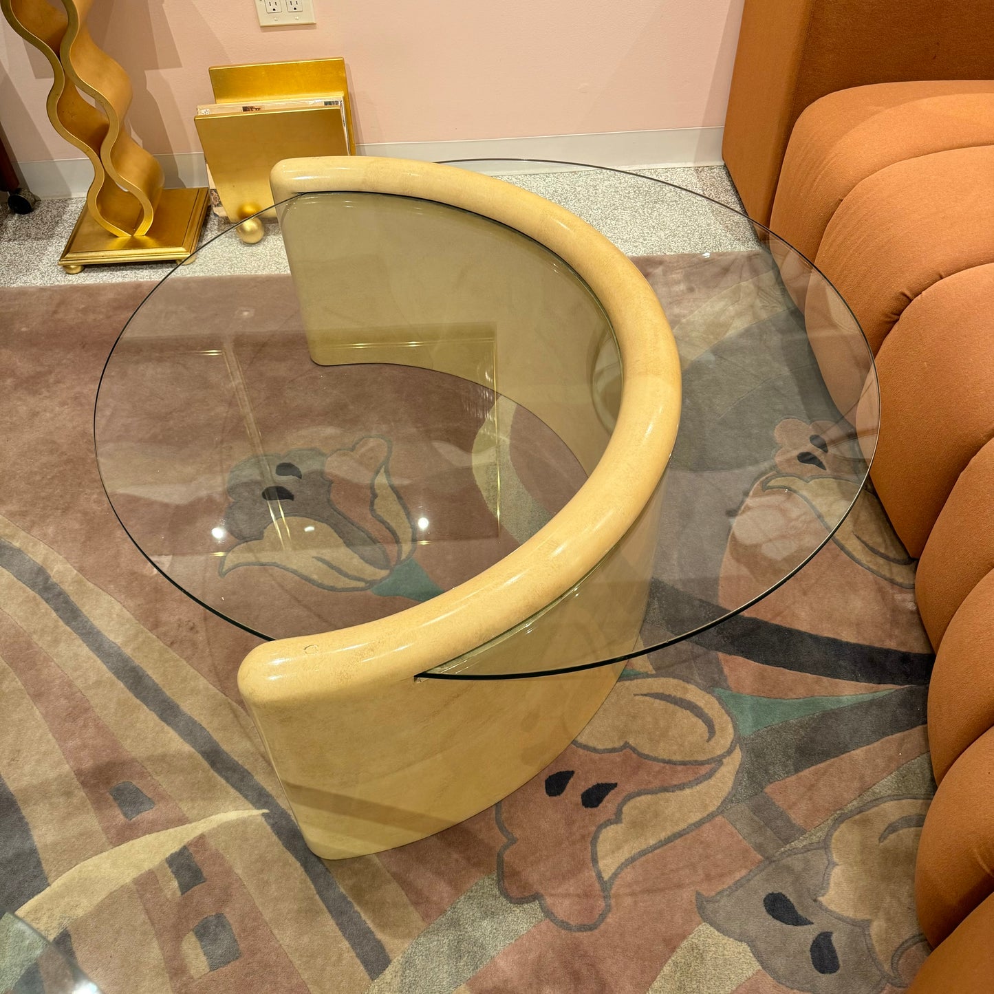 Vintage Round Coffee Table with Half Moon Faux Goatskin Base