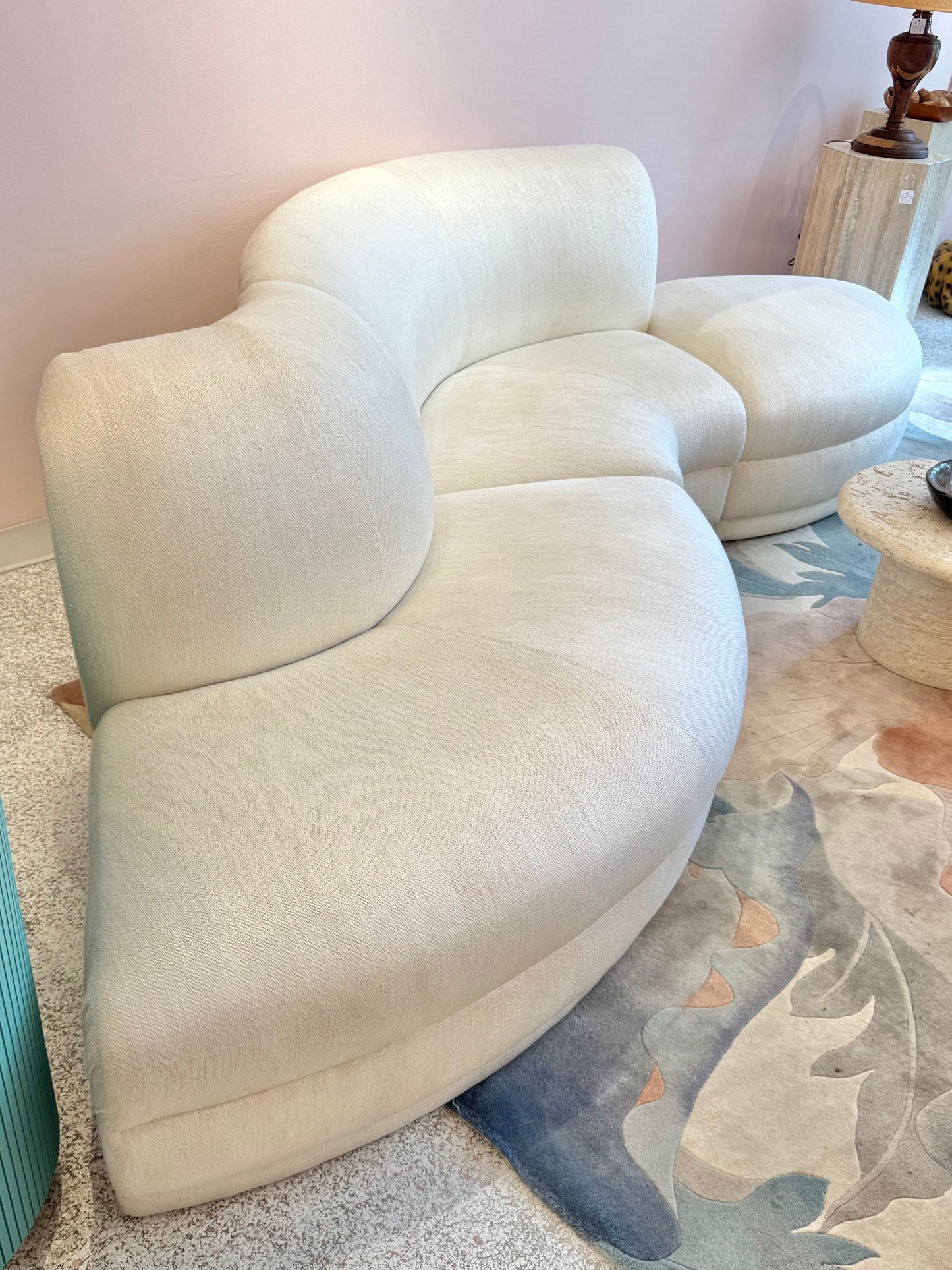 Vintage Three Piece Serpentine Ivory Sectional Sofa