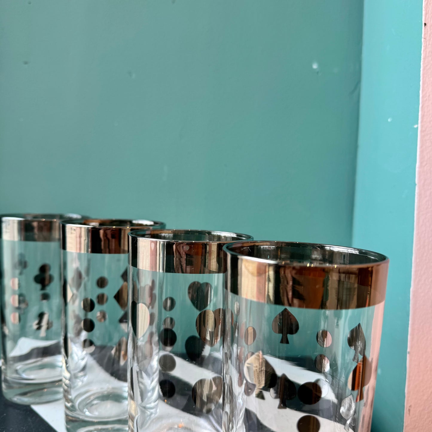 Set of 4 Vintage Metallic Playing Card Design Highball Glasses