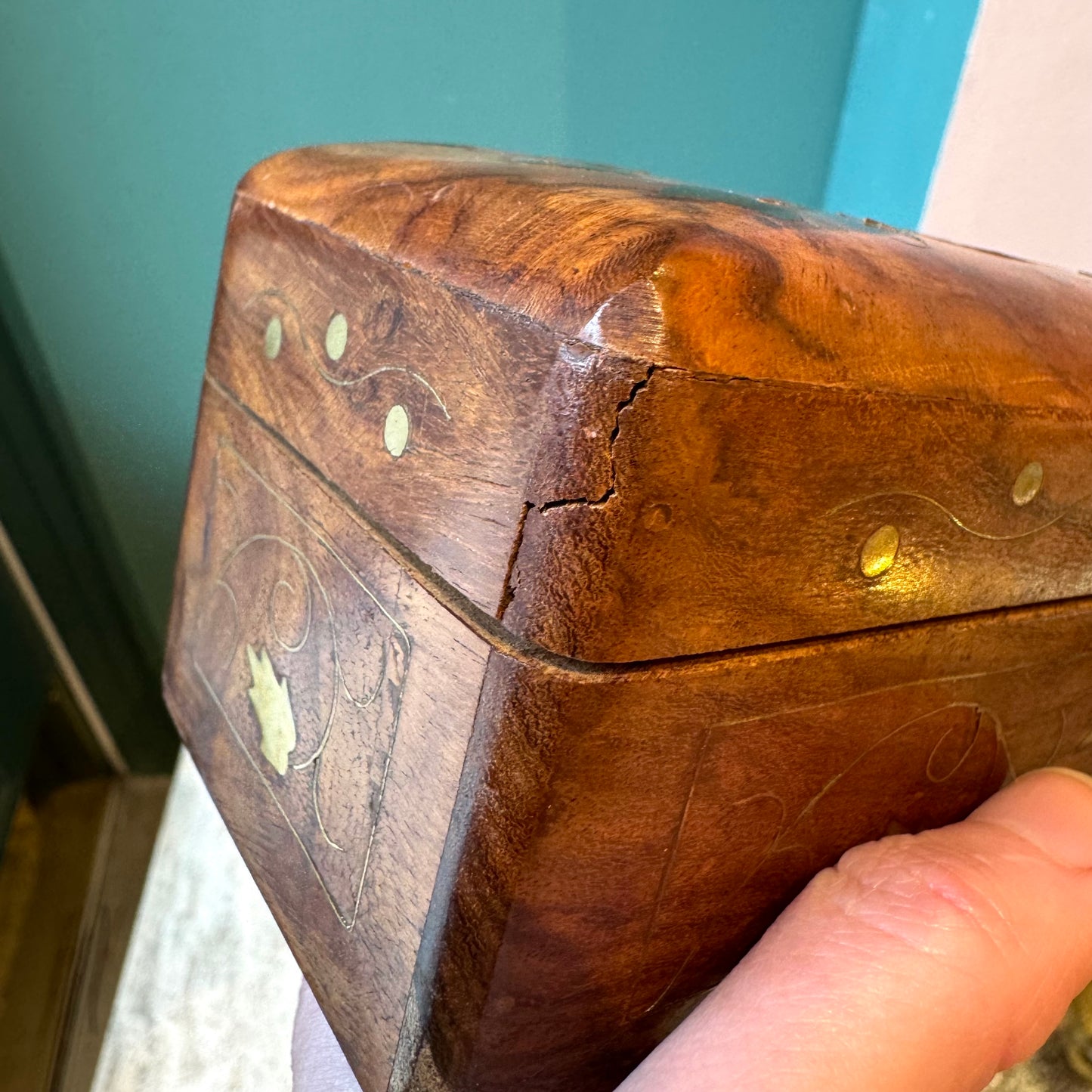 Vintage Wooden Playing Card Box with Brass Heart Inlay and Cards
