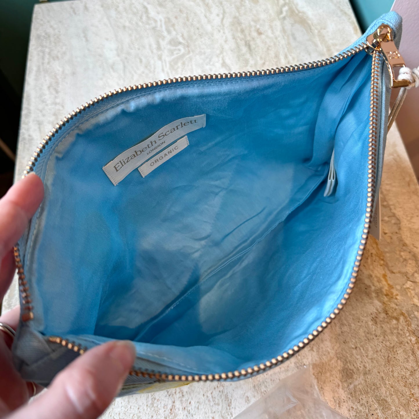 Sky Blue Linen Cotton Lemon Blossom Everyday Pouch by Elizabeth Scarlett
