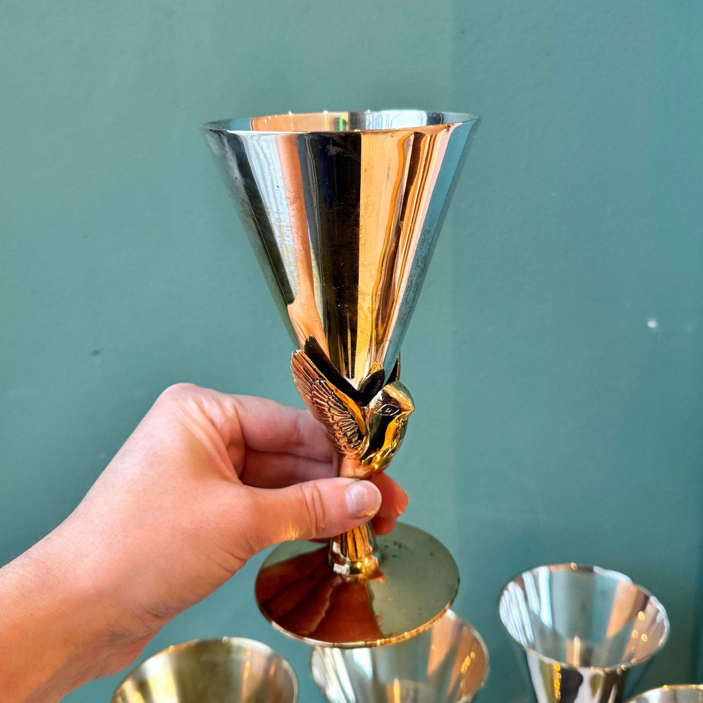 Set of 6 Vintage Silver Plated and Brass Dove Flute Glasses by Godinger