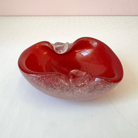 Vintage Pinch Edged Red Bullicante Glass Bowl with Gold Flecks