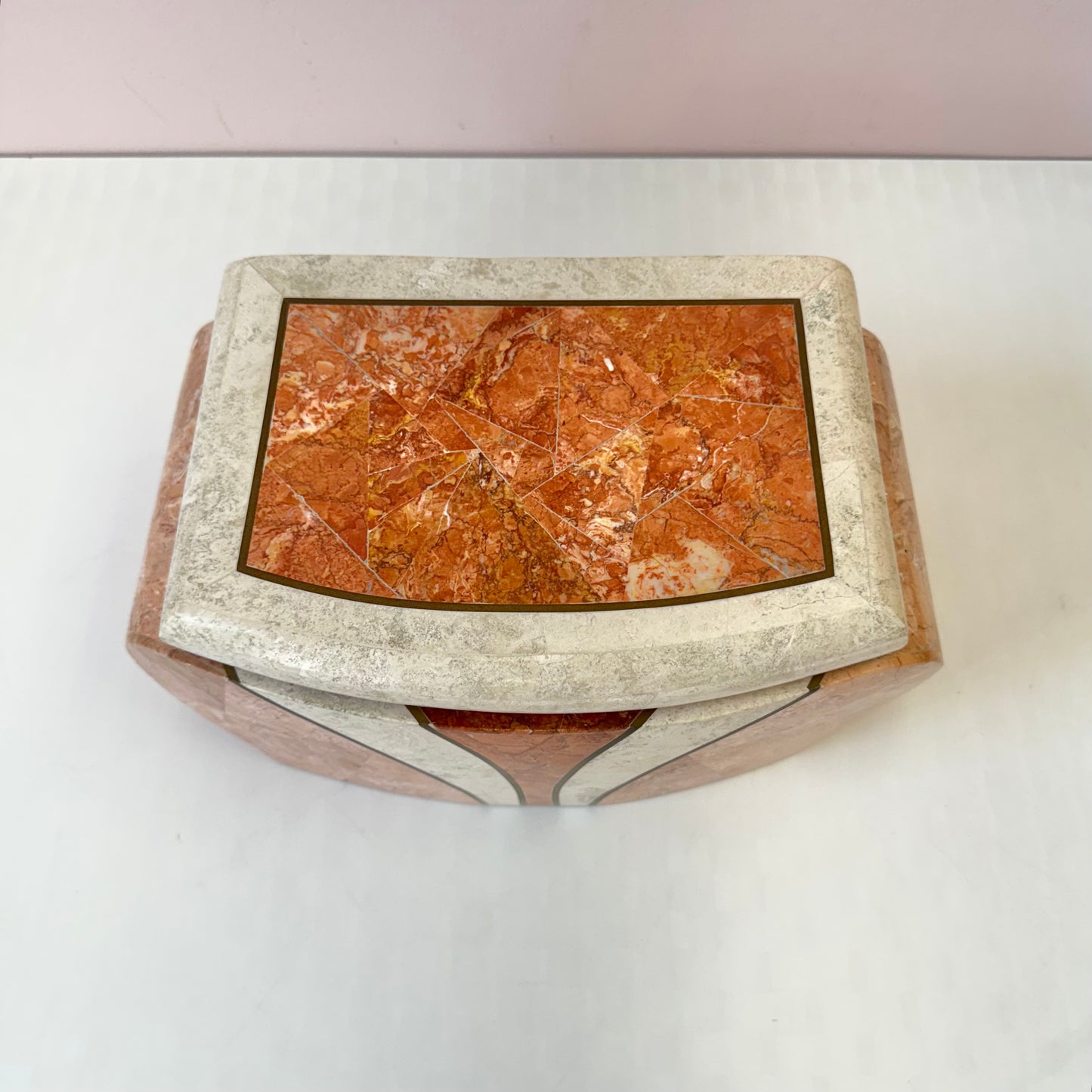 Vintage Maitland Smith Style Pink and Cream Tessellated Stone Box