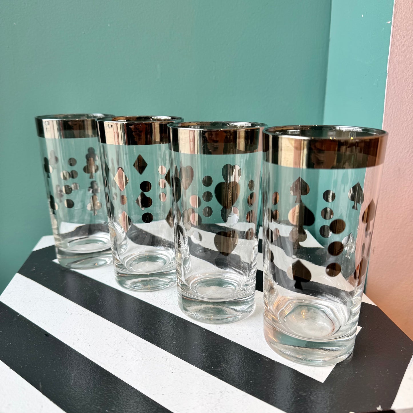 Set of 4 Vintage Metallic Playing Card Design Highball Glasses