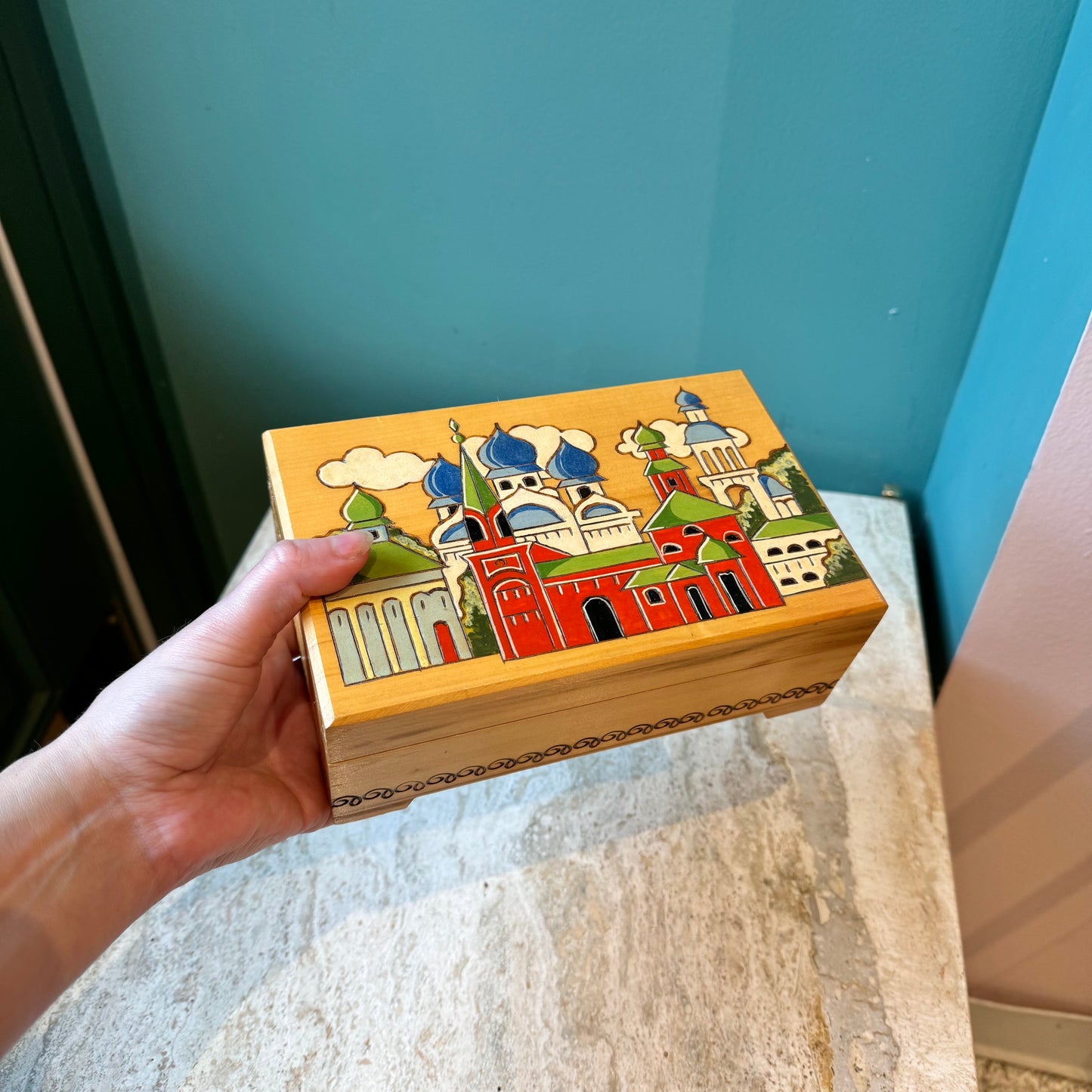 Vintage Hand Painted Russian Wooden Trinket Box