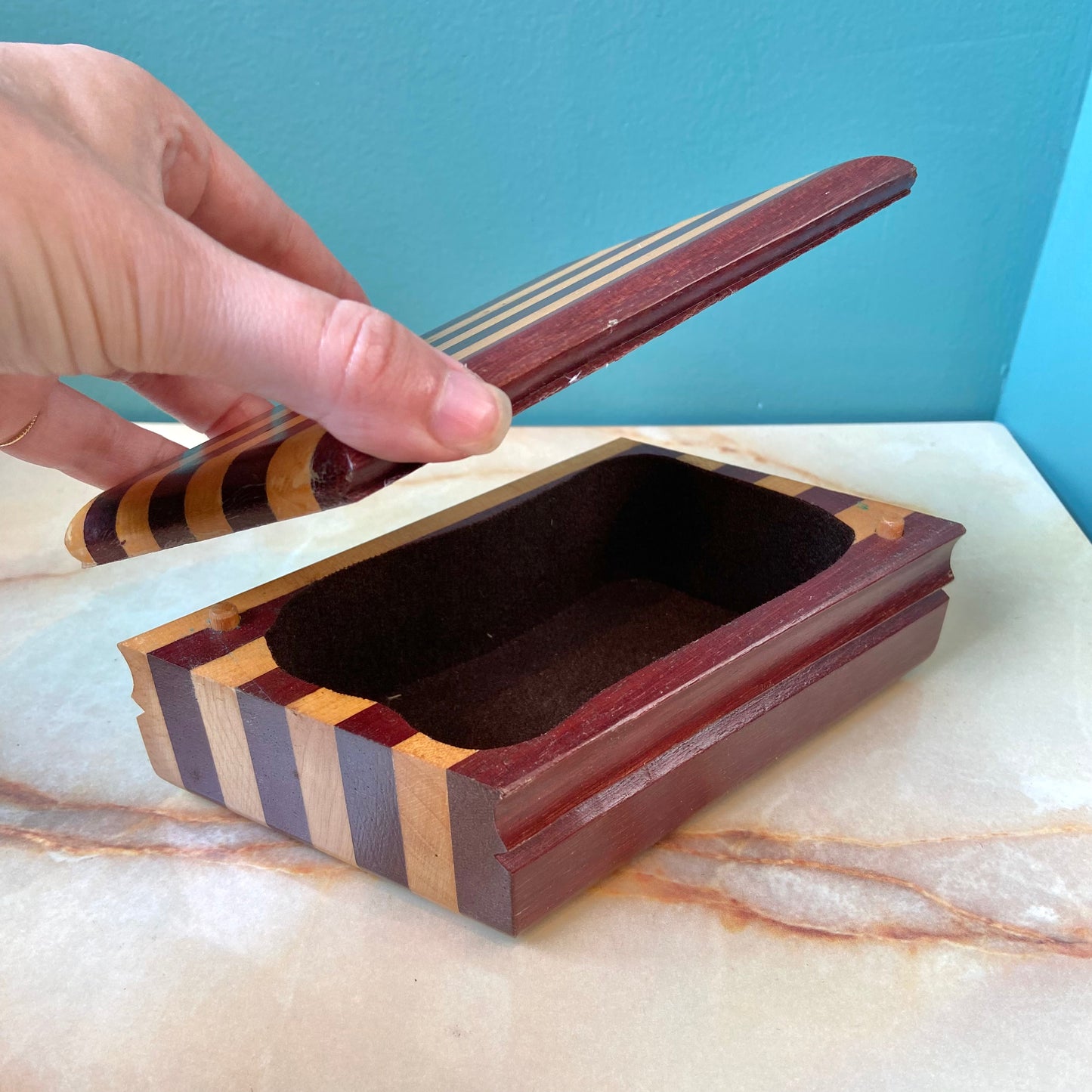 Vintage Handmade Striped Asymmetrical Wooden Box