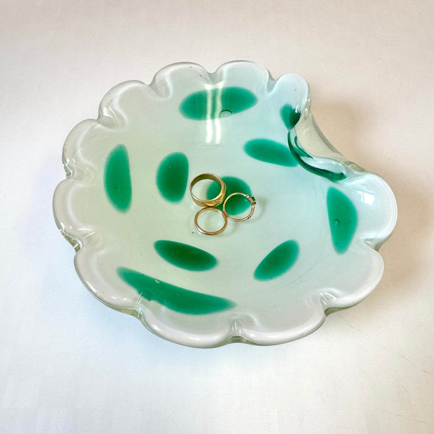 Vintage White and Green Murano Glass Scallop Edged Bowl