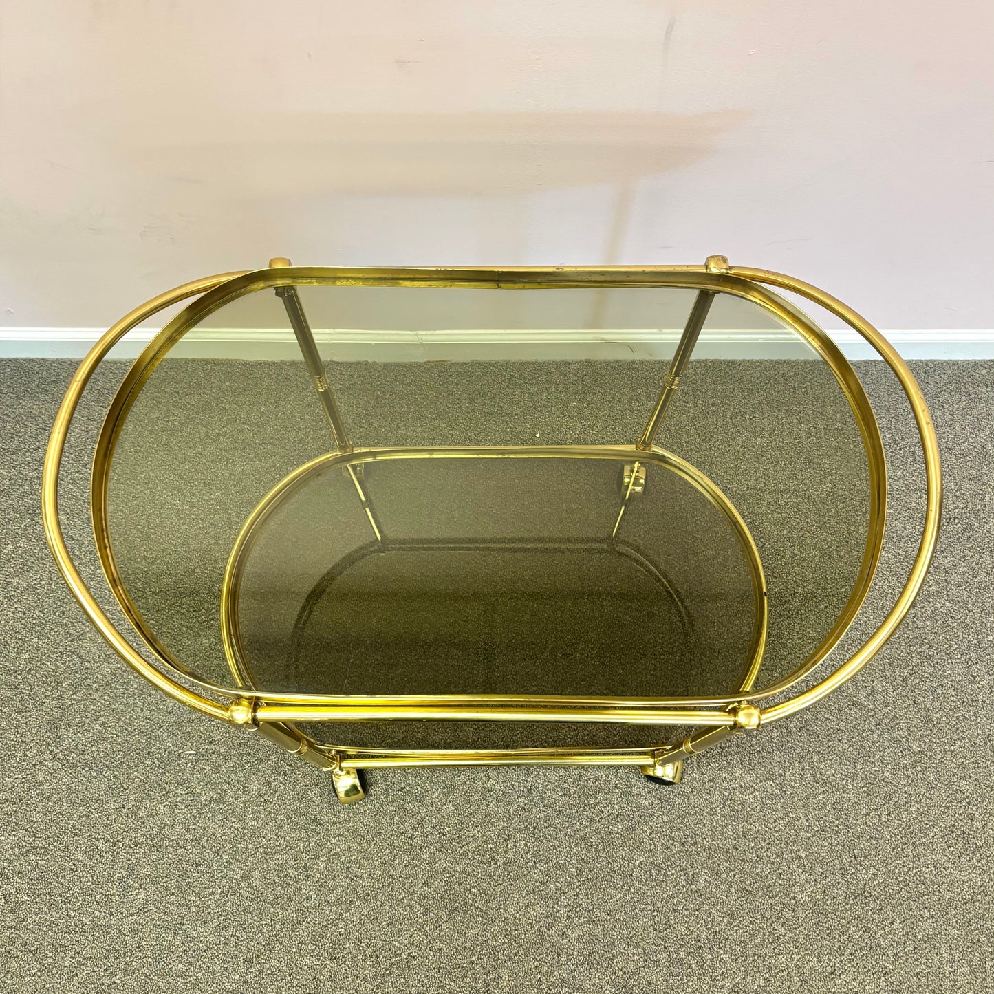 Vintage Oval Brass and Smoked Glass Rolling Bar Cart