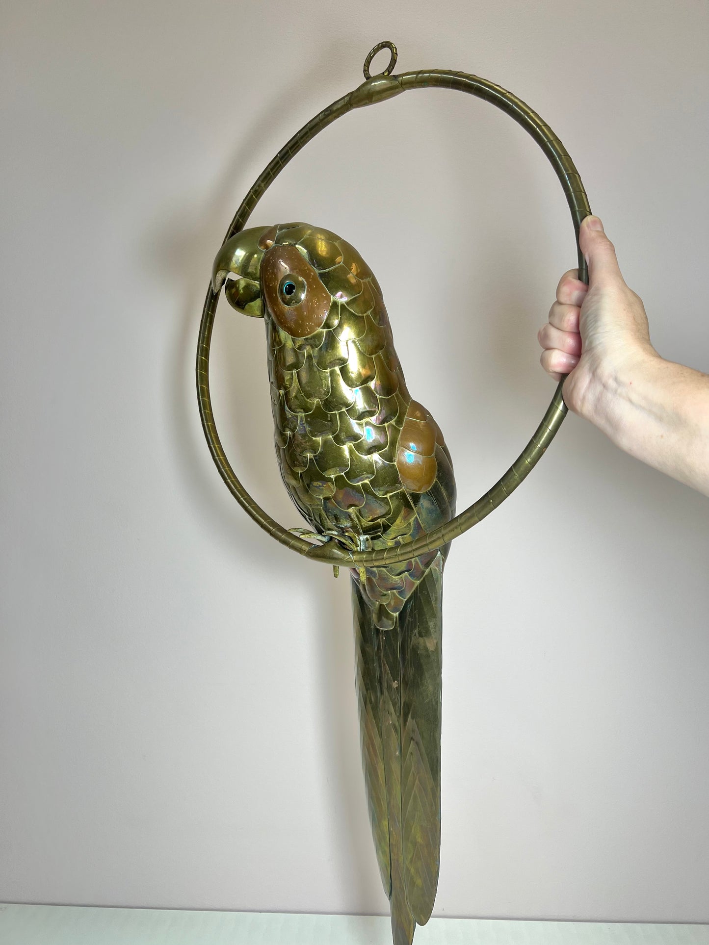 Mid Century Brass and Copper Parrot Bird Sculpture Attributed to Sergio Bustamante