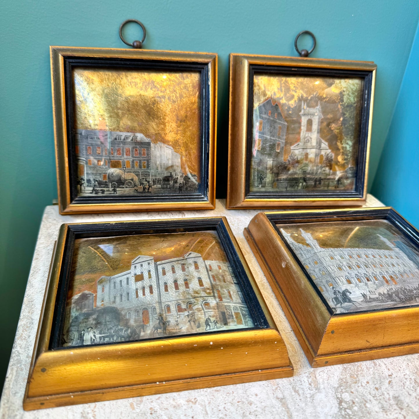 Set of 4 Antique Framed Sungott Decoupage Gold Leaf Convex Glass Artworks