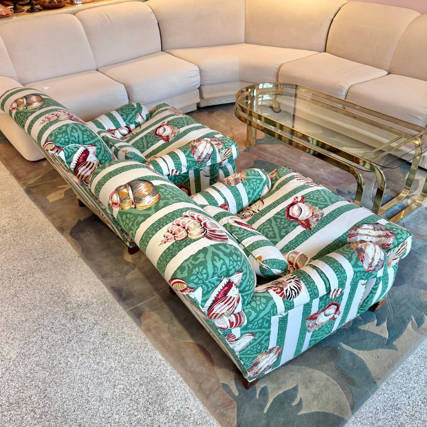Vintage Green Stripe Shell Upholstered Armchair/item