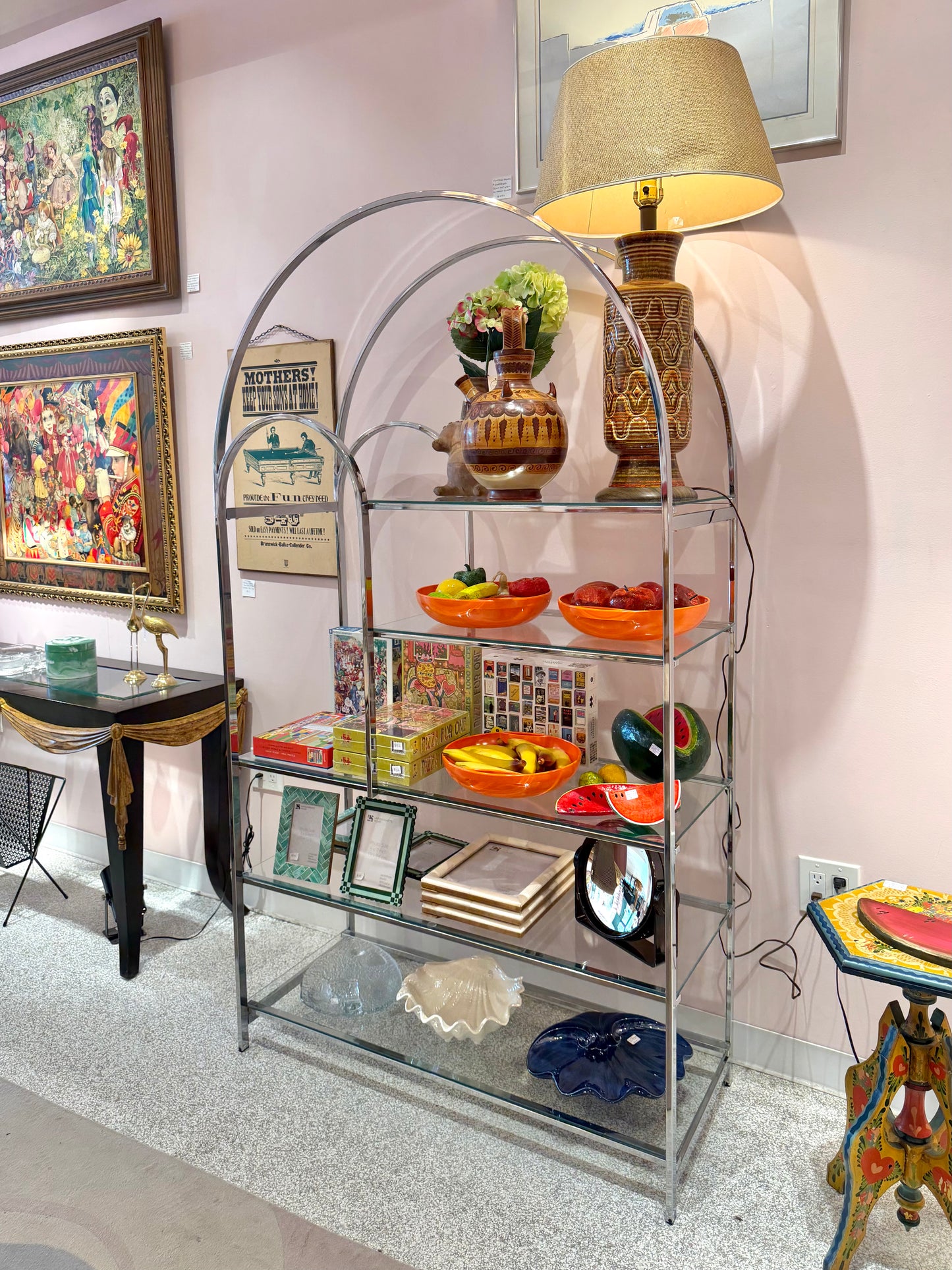 Vintage DIA Style Chrome and Glass Arched Etagere