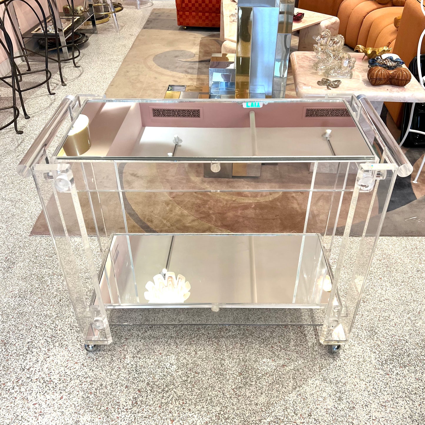 Charles Hollis Jones Style 1980’s Lucite and Mirror 2 Tier Rolling Bar Cart