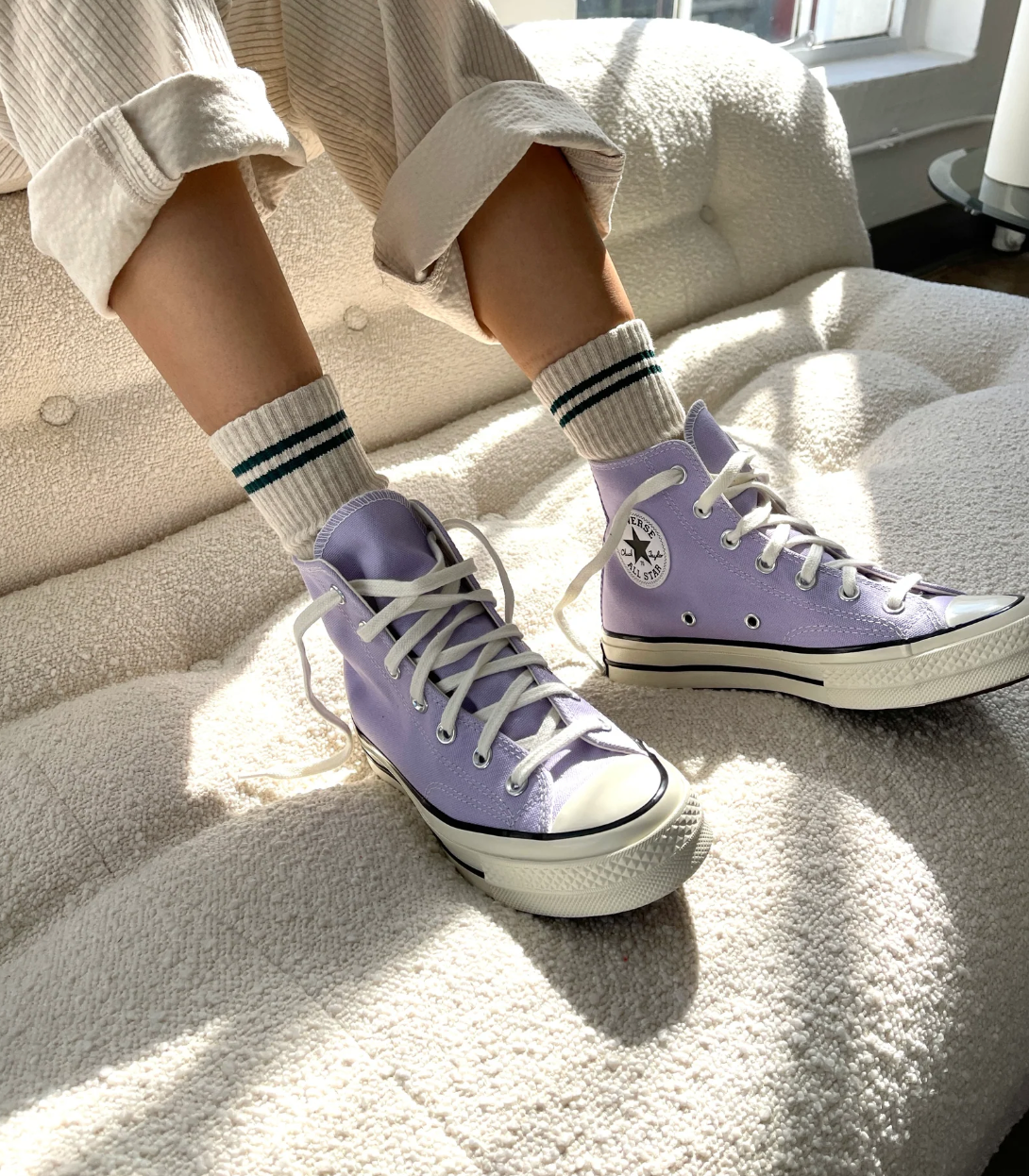 White with Green Stripe Boyfriend Socks by Le Bon Shoppe