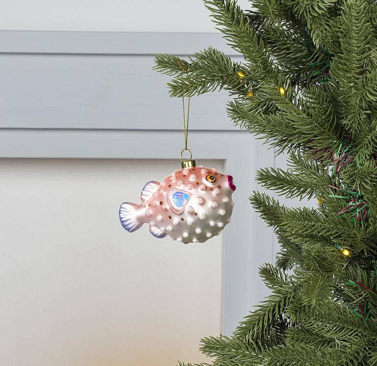 Glass Pink Puffer Fish Ornament