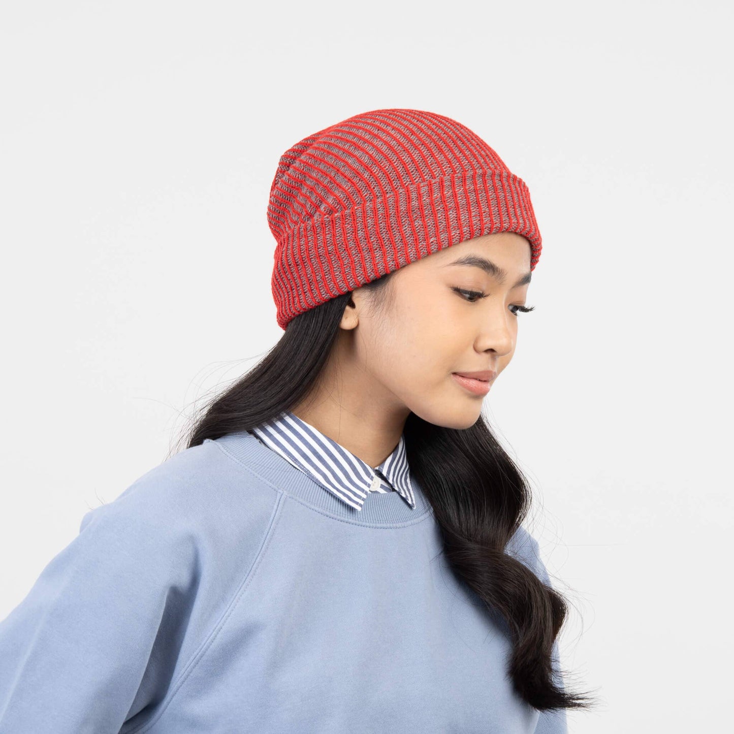 Simple Rib Knit Beanie: Red Grey