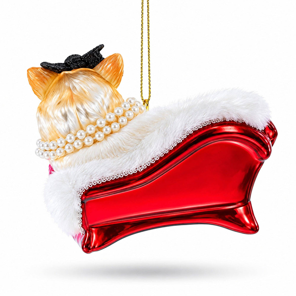 Cat in Pearl Necklace Lounging on Sofa Glass Ornament