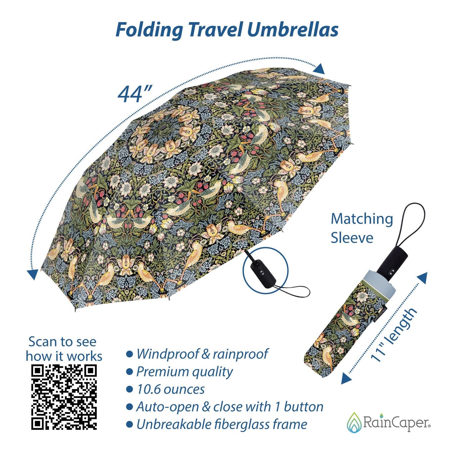 William Morris Strawberry Thief Travel Umbrella
