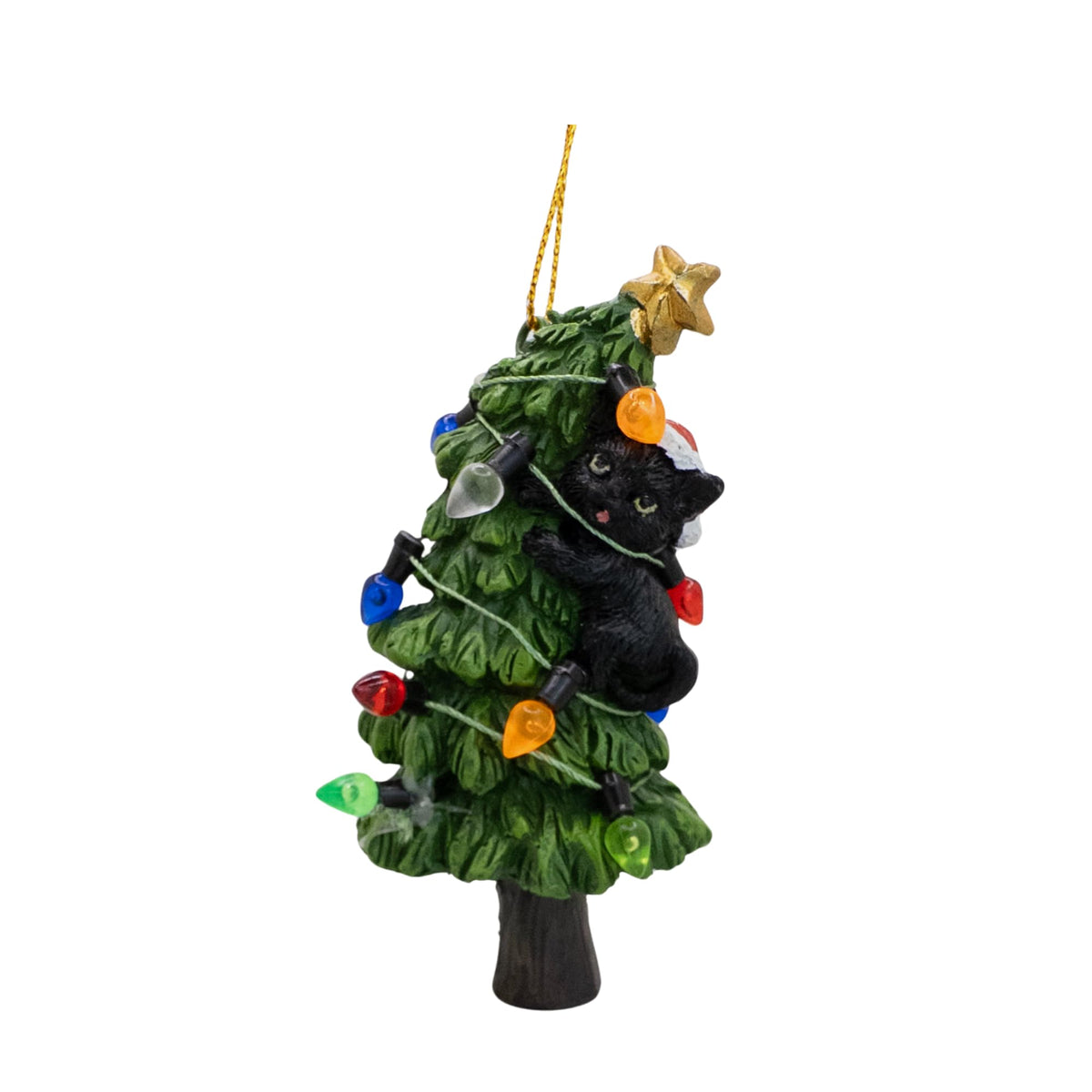Black Cat Knocking Down Tree Wrapped in Lights