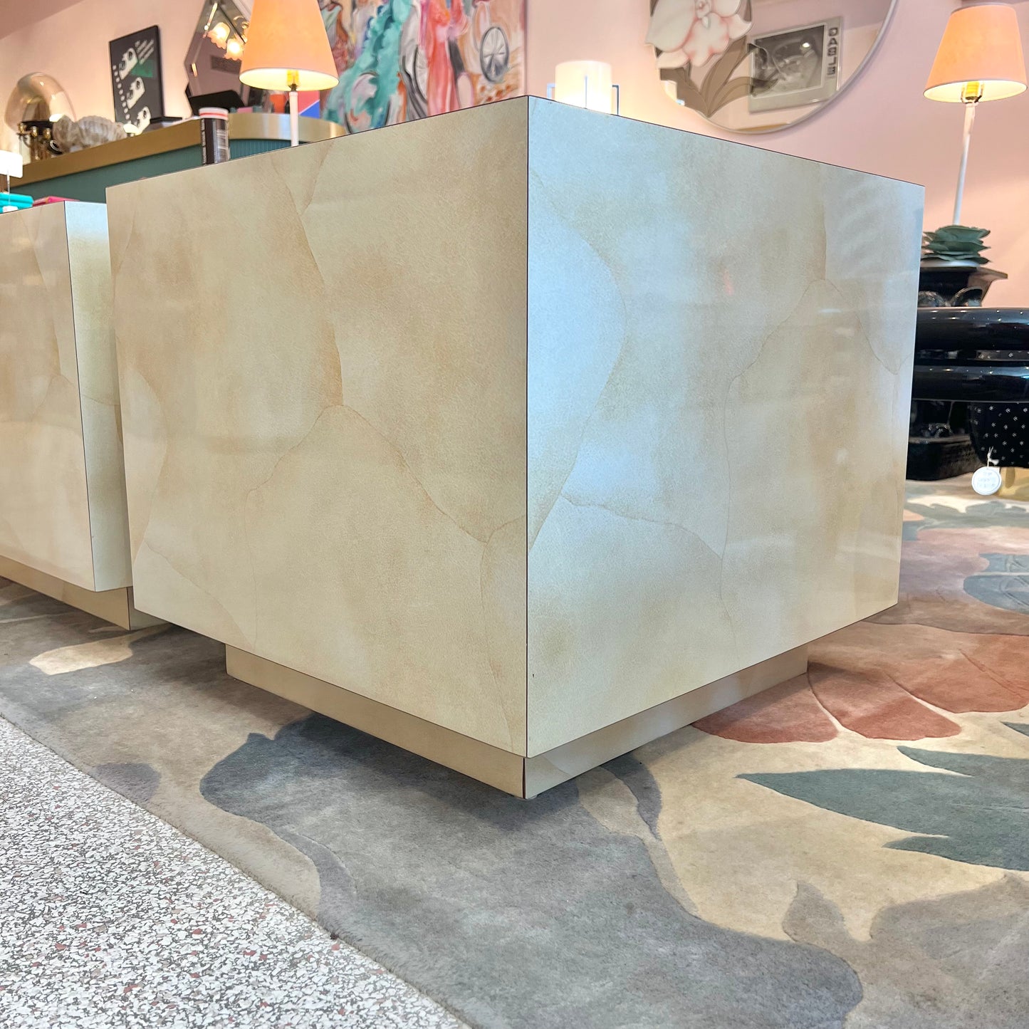 1980's Faux Goatskin Laminate Cube Side Table/item