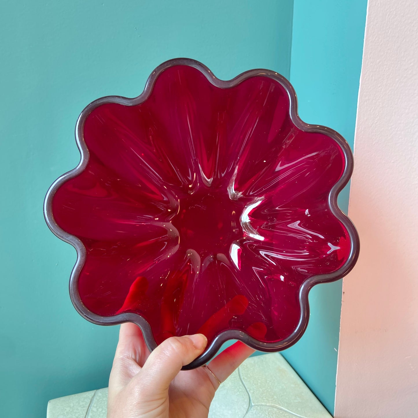 Vintage Crystal Ruby Scalloped Edge Serving Bowl