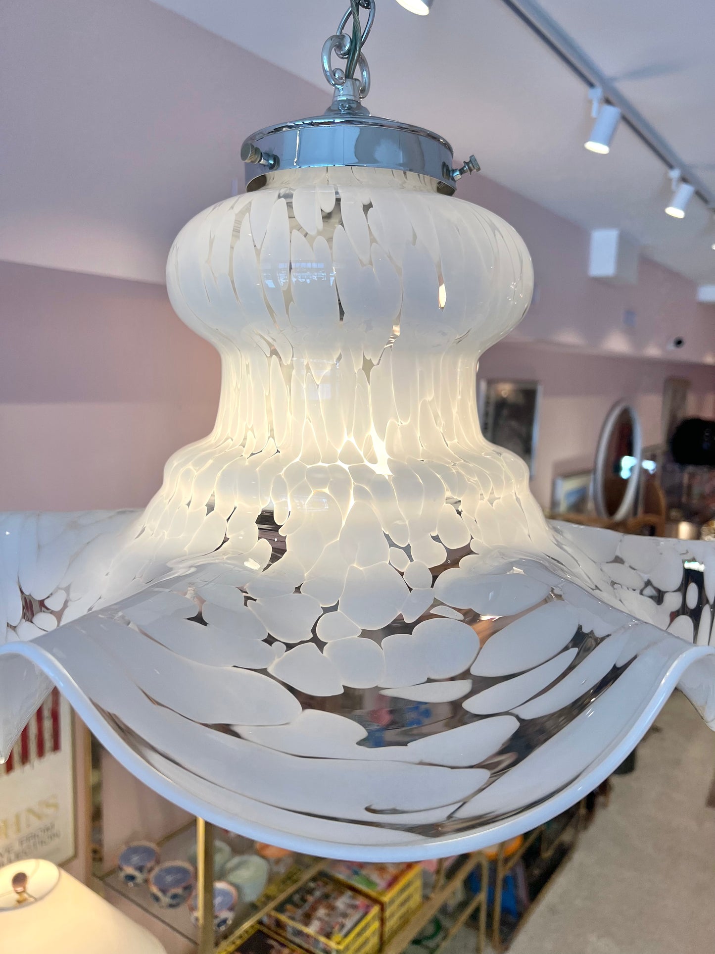 Vintage Carlo Nason Style Murano Glass White Frosted Pendant Chandelier