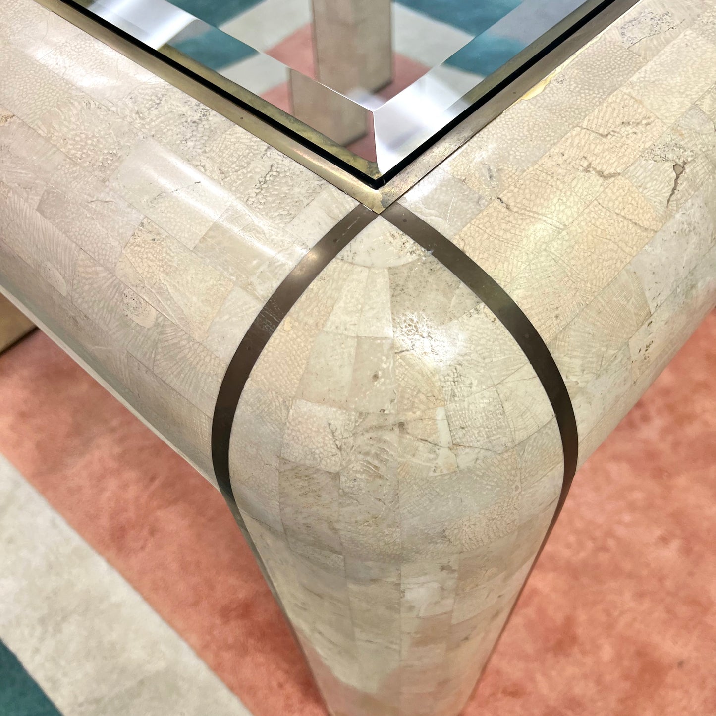 Vintage Tessellated Stone, Glass and Brass Inlay Square Dining Table