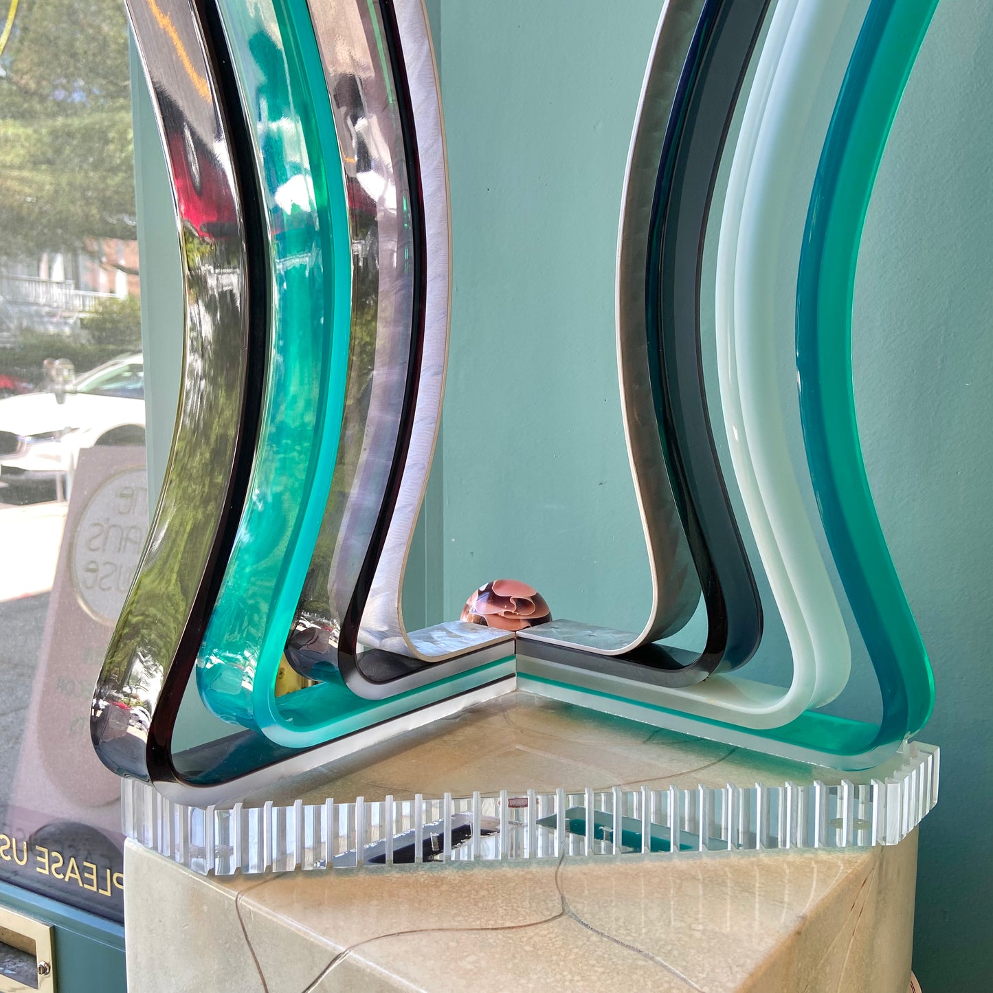 Vintage Abstract Lucite and Steel Art Sculpture by Haziza