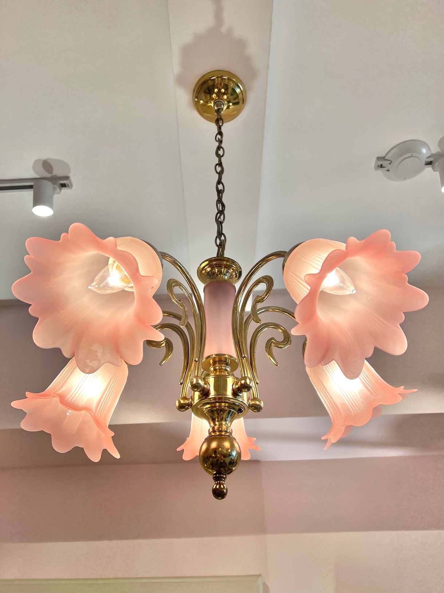 Vintage Pink Murano Glass Style Flower Shade Chandelier