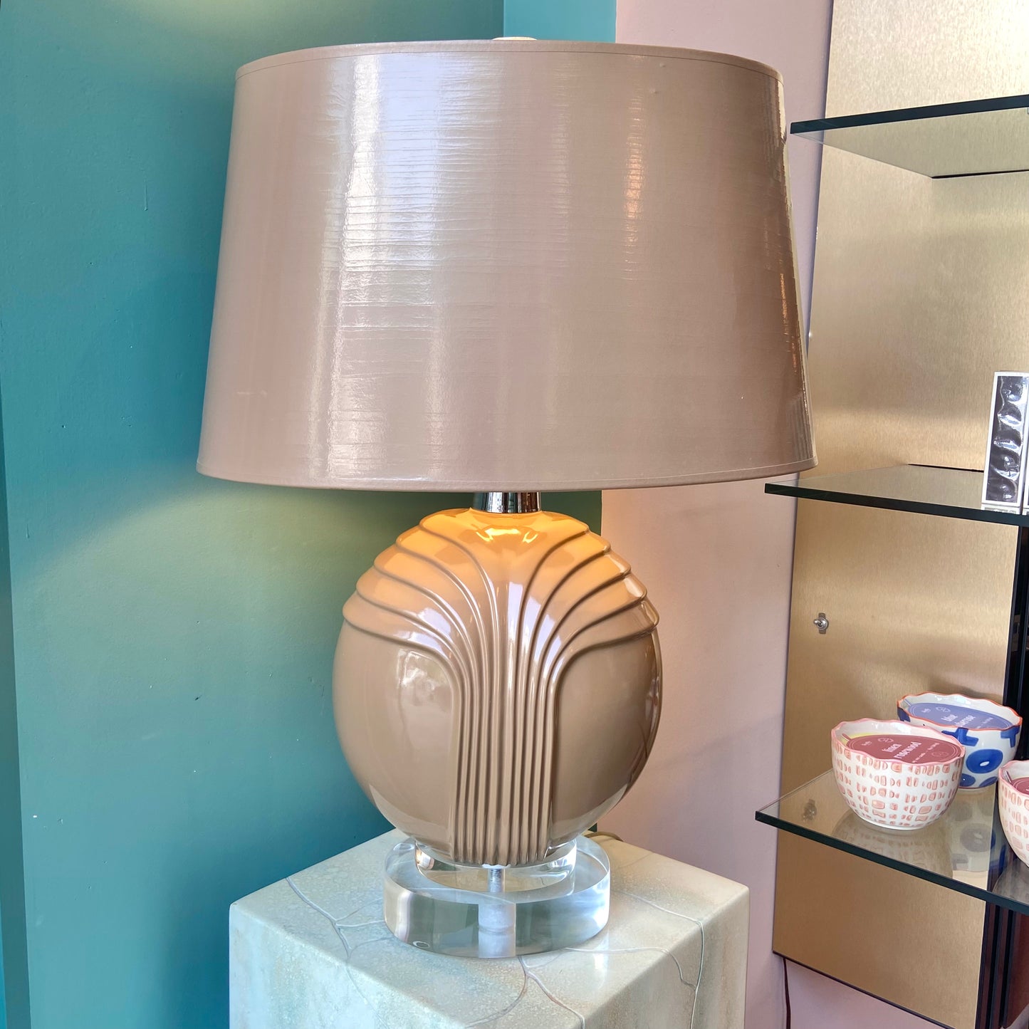 Vintage Art Deco Style Taupe Ceramic and Lucite Table Lamp