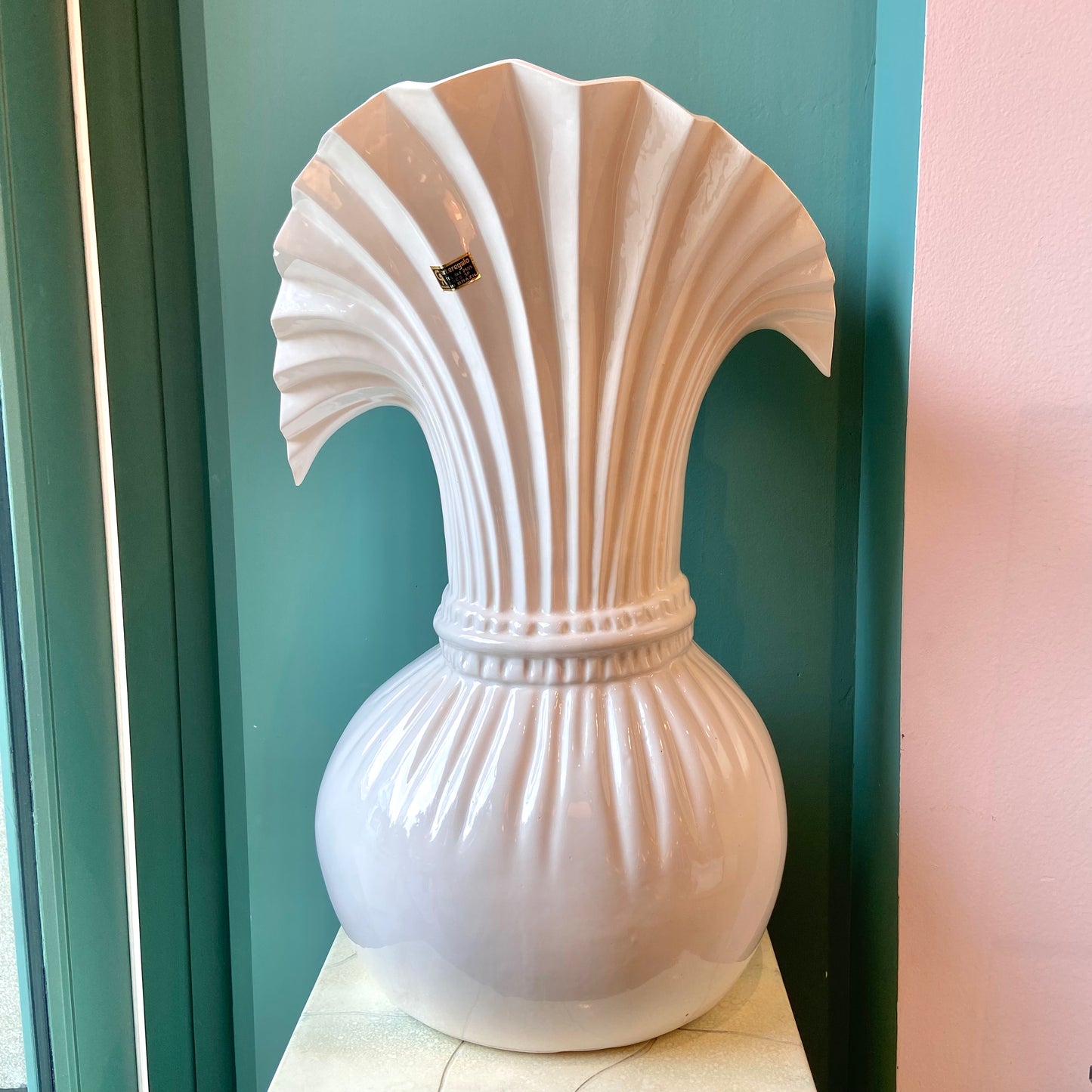 Large Vintage White Ceramic Fan Vase
