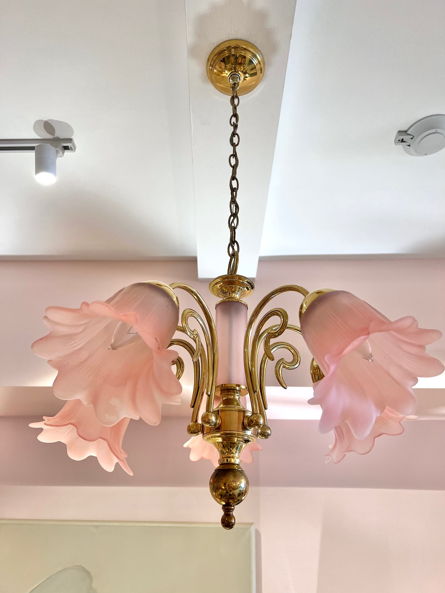 Vintage Pink Murano Glass Style Flower Shade Chandelier